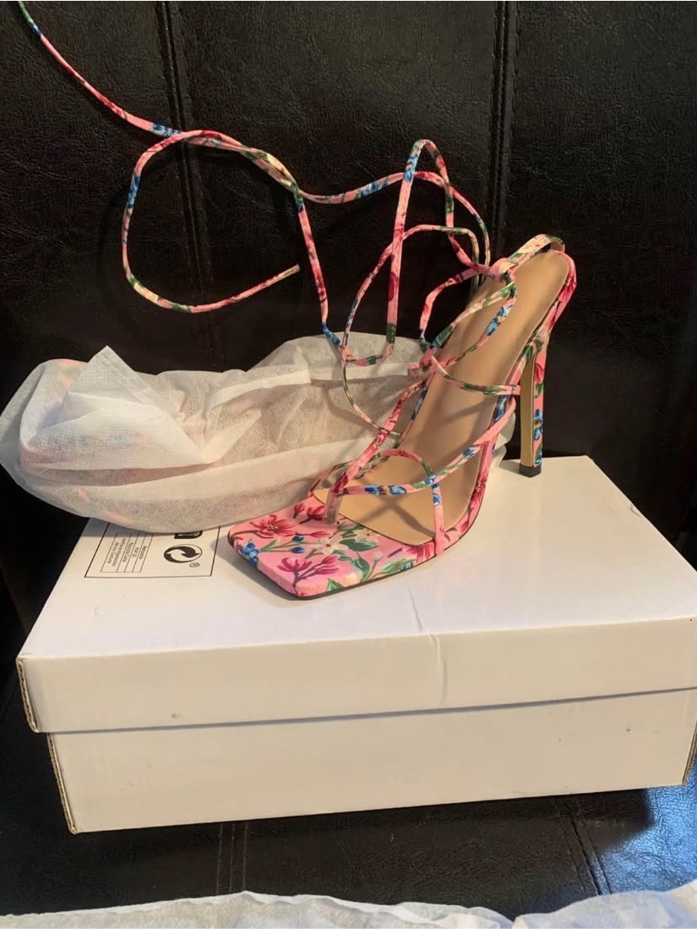 Floral Lace-Up Stiletto Sandals in Multi Colors